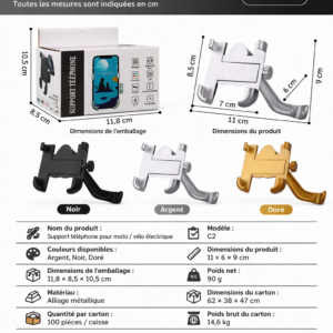 Support Téléphone Moto Vélo C2 en Alliage – Fixation Guidon Ultra Solide – Universel – Léger et Résistant