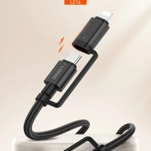 Original Câble LDNIO LC16 4-en-1 USB-C / USB-A vers USB-C & Lightning – Charge Rapide & Data