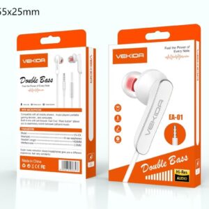Écouteurs Filaire VEKIDA EA-01 Double Bass – Jack 3.5 mm avec Microphone – Hi-Res Audio (Blanc)