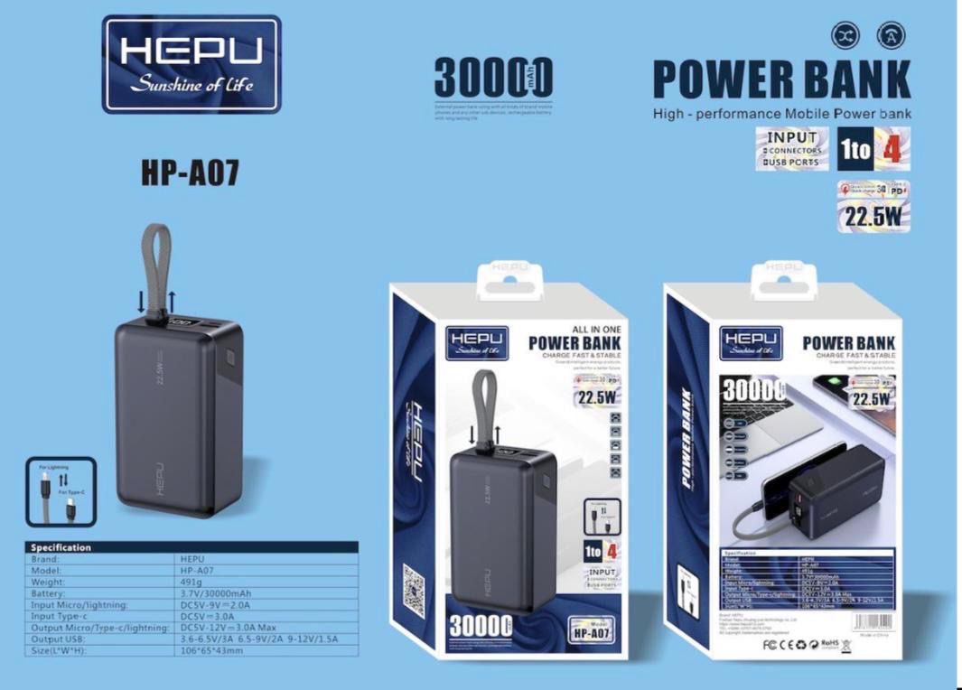 Power Bank HEPU HP-A07 30000 mAh – Charge rapide 22.5W