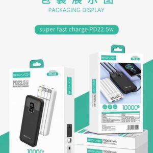 Power Bank SOVO PD-24 10000 mAh – Batterie Externe avec Câbles Intégrés
